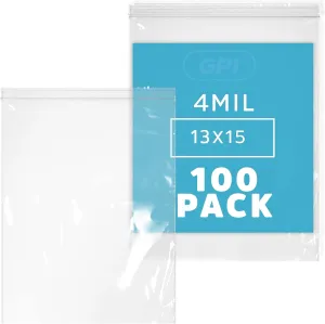 GPI - 13" x 15" - Bulk Pack of 100, 4 Mil Thick, Heavy Duty, Clear Plastic Reclosable Freezer Zip Bags, Strong & Durable Poly Baggies with Resealable Zipper Top Lock.
