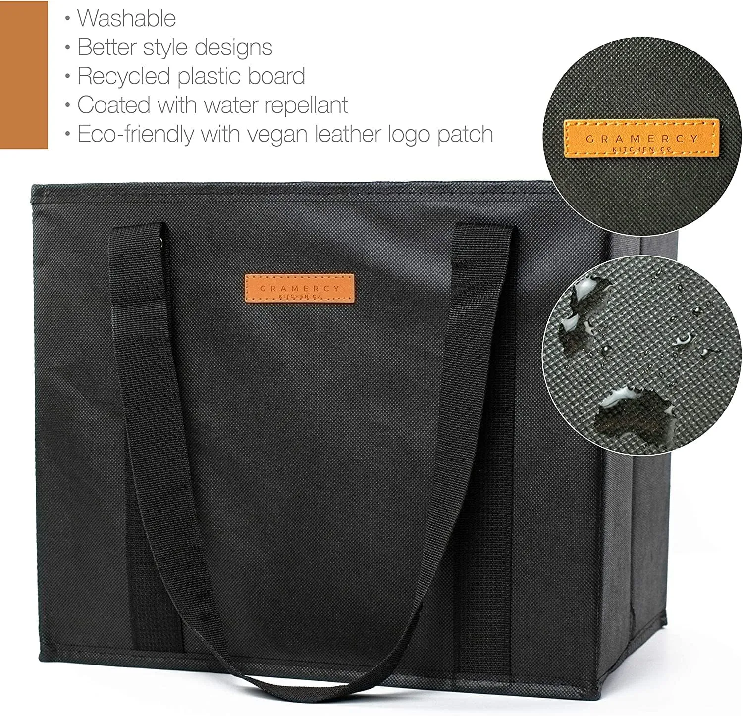 Gramercy Premium Large Reusable Grocery Bags, Heavy Duty 4 Pack – Foldable Shopping Tote Bags With Handles, Washable and Reinforced With Thick Bottom and Sides (Black, 4pcs)