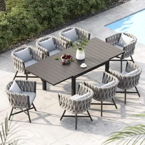 Grand patio 9-Piece Outdoor Dining Set for 8, Patio Dining Furniture Set for 8 Swivel Rope Wicker Chairs & 1 Expandable Rectangular Dining Table, Grey