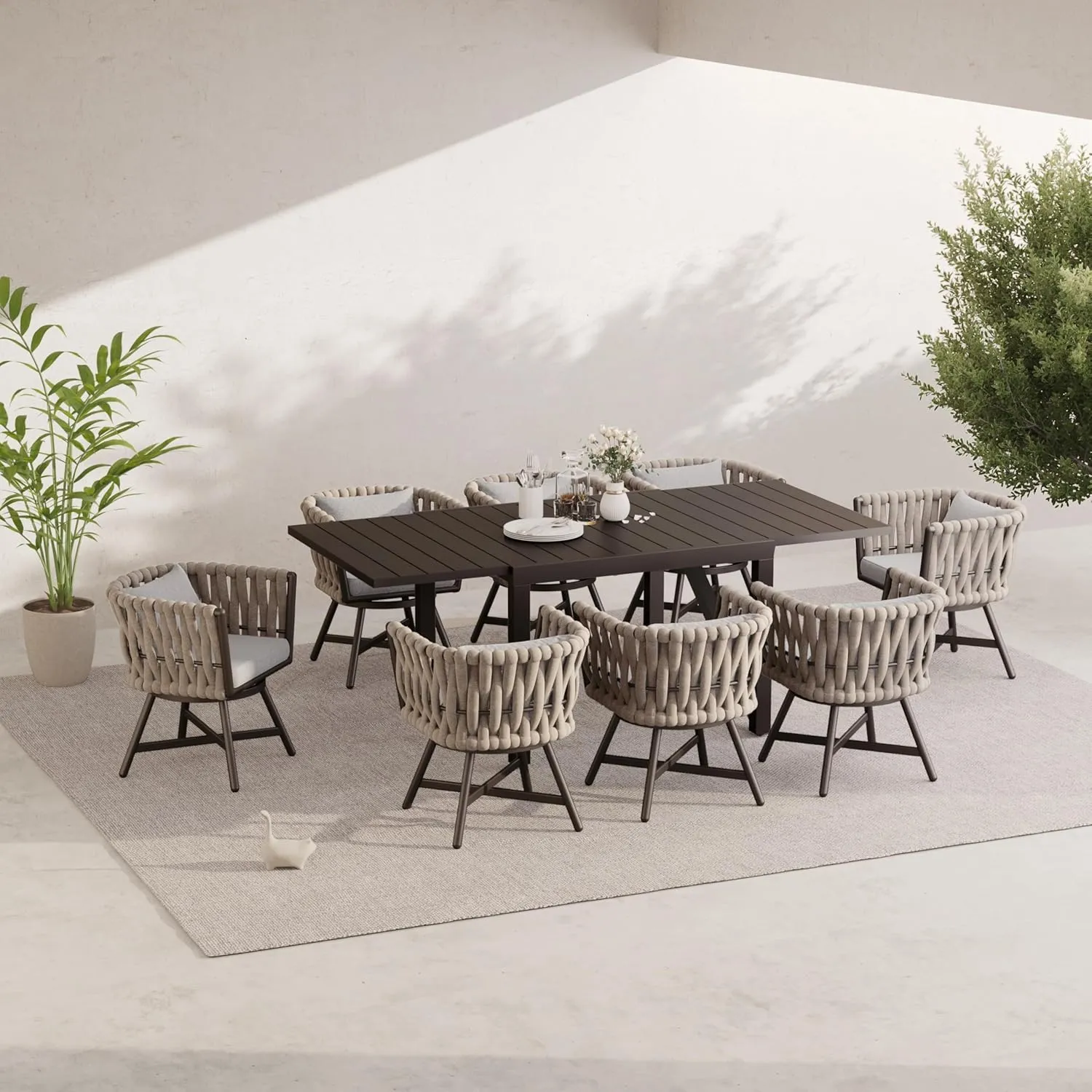 Grand patio 9-Piece Outdoor Dining Set for 8, Patio Dining Furniture Set for 8 Swivel Rope Wicker Chairs & 1 Expandable Rectangular Dining Table, Grey