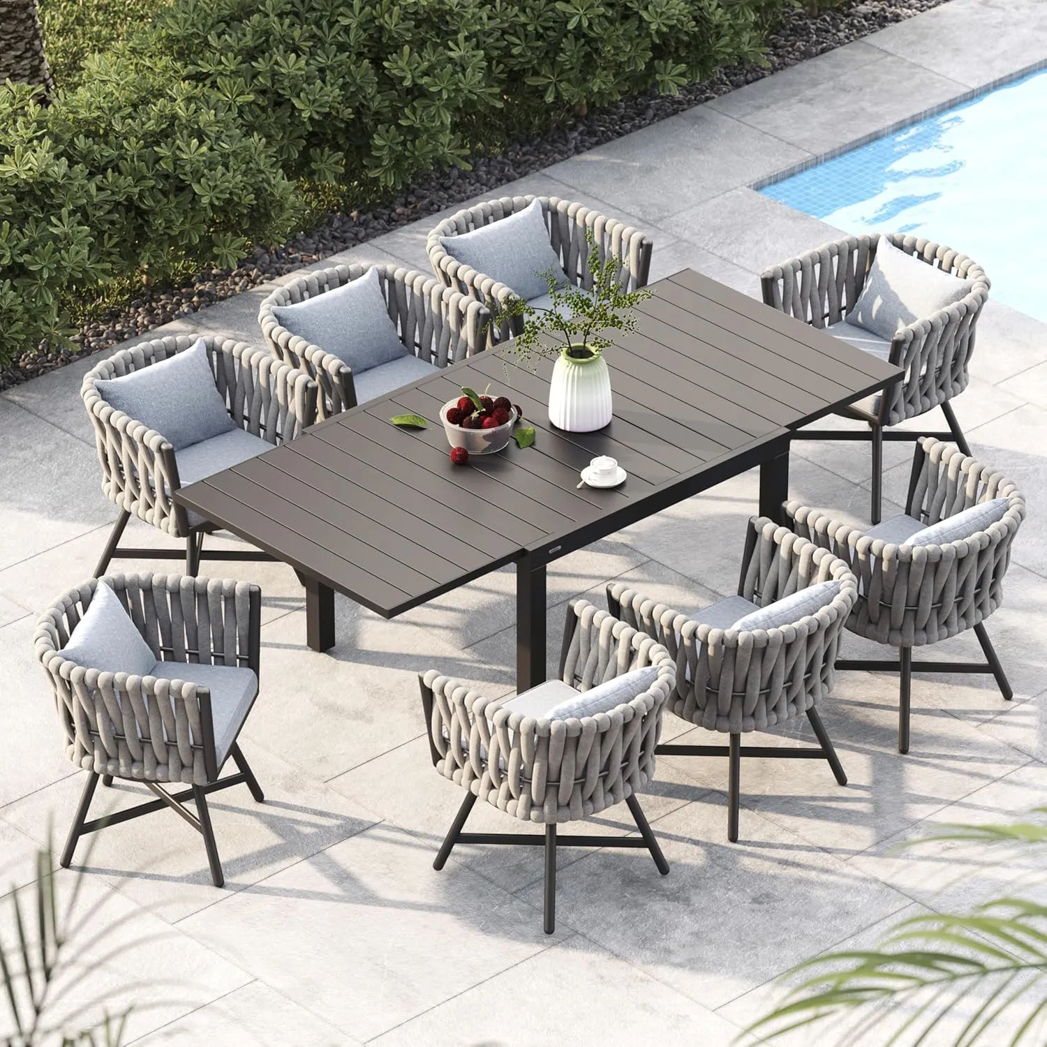 Grand patio 9-Piece Outdoor Dining Set for 8, Patio Dining Furniture Set for 8 Swivel Rope Wicker Chairs & 1 Expandable Rectangular Dining Table, Grey