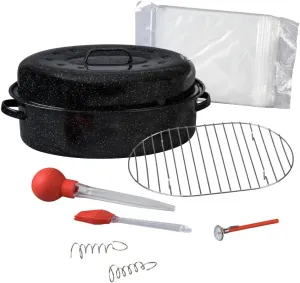 Granite Ware 19 in Oval Roaster Set (10pcs), includes Lid, Rack, 2 pack brining bags, oven/grill-safe meat Thermometer, Turkey Baster with silicone bulb, and a small brush.