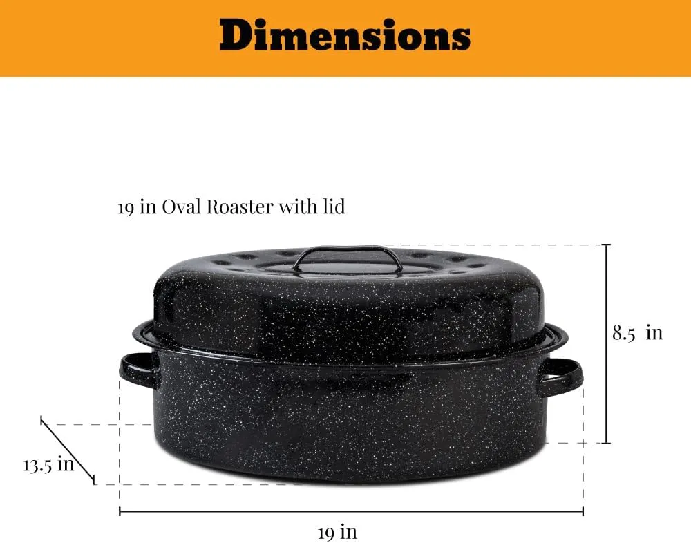 Granite Ware 19 in Oval Roaster Set (10pcs), includes Lid, Rack, 2 pack brining bags, oven/grill-safe meat Thermometer, Turkey Baster with silicone bulb, and a small brush.
