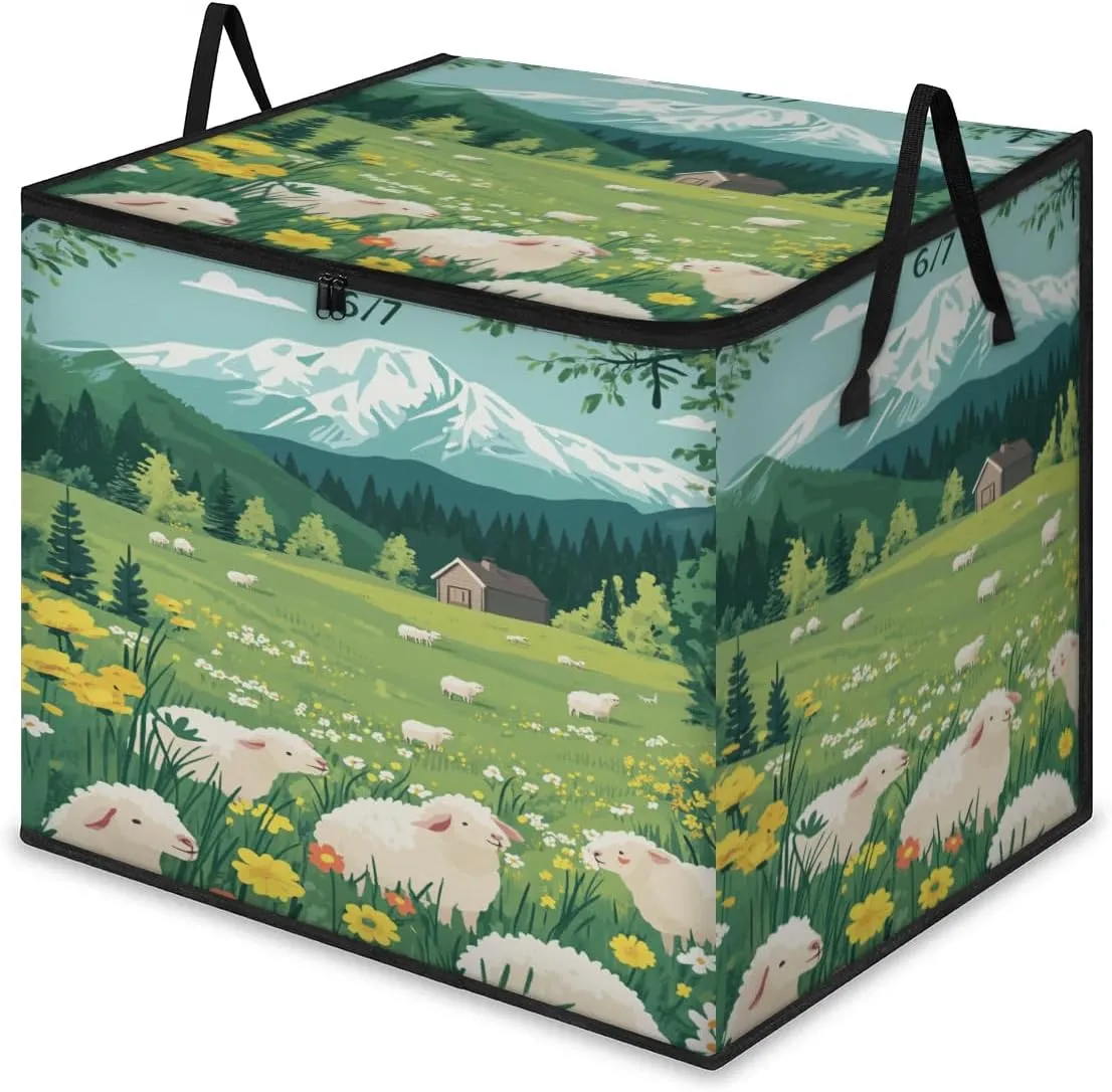 Grass Sheep Large Storage Bags Plateau Animals Foldable Clothes Storage Bins Blanket Organizers Storage Containers with Reinforced Handles for Closet Comforter Pillow Bedding