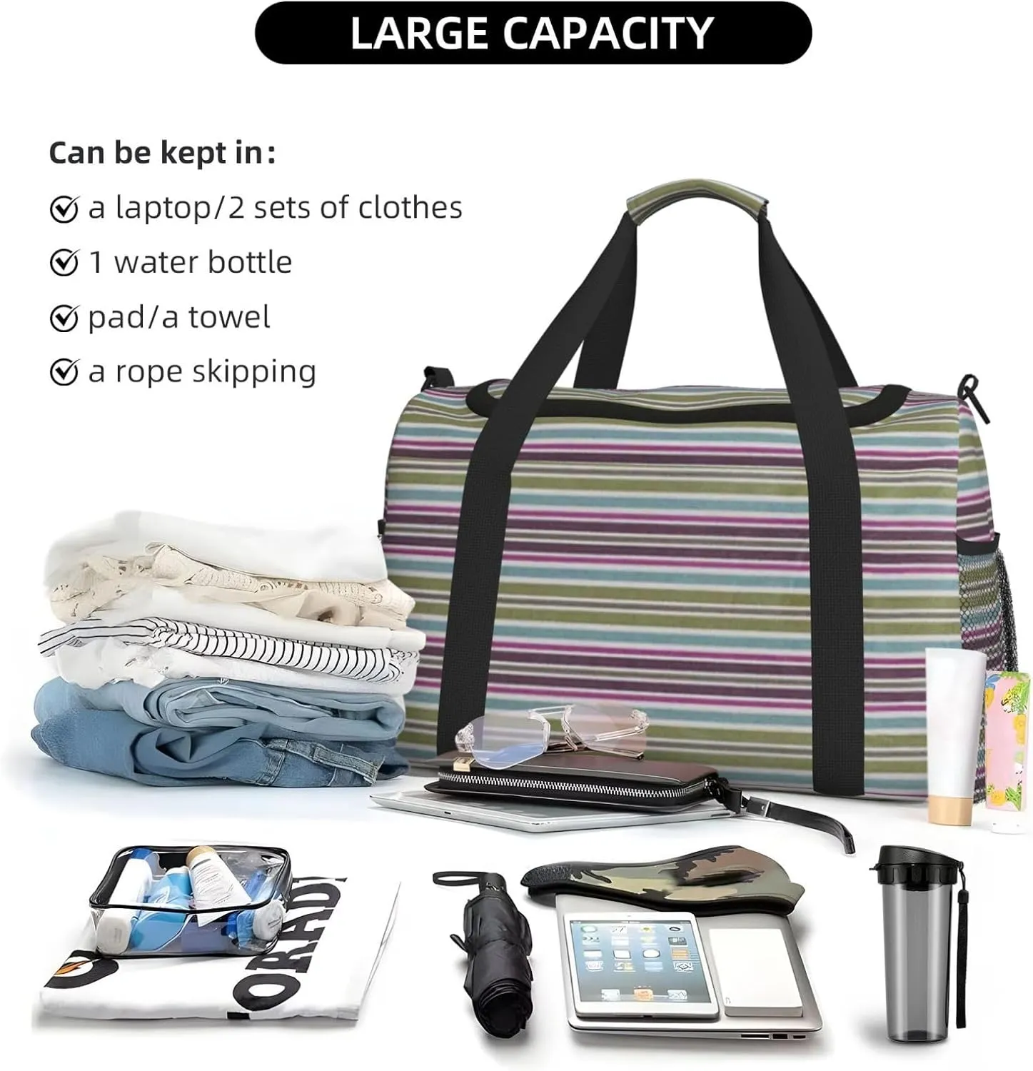 Gray Blue Stripes Travel Duffel Bag Large Foldable Waterproof Overnight Bag For Beach Swim Bags Pool Sports Gym