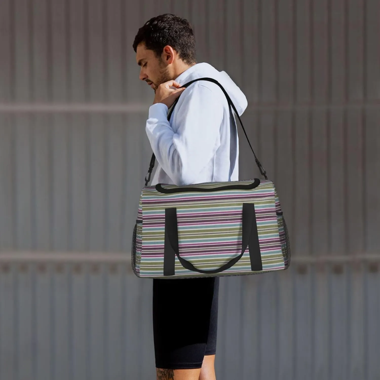 Gray Blue Stripes Travel Duffel Bag Large Foldable Waterproof Overnight Bag For Beach Swim Bags Pool Sports Gym