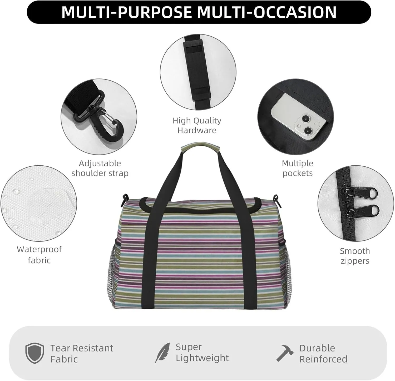Gray Blue Stripes Travel Duffel Bag Large Foldable Waterproof Overnight Bag For Beach Swim Bags Pool Sports Gym