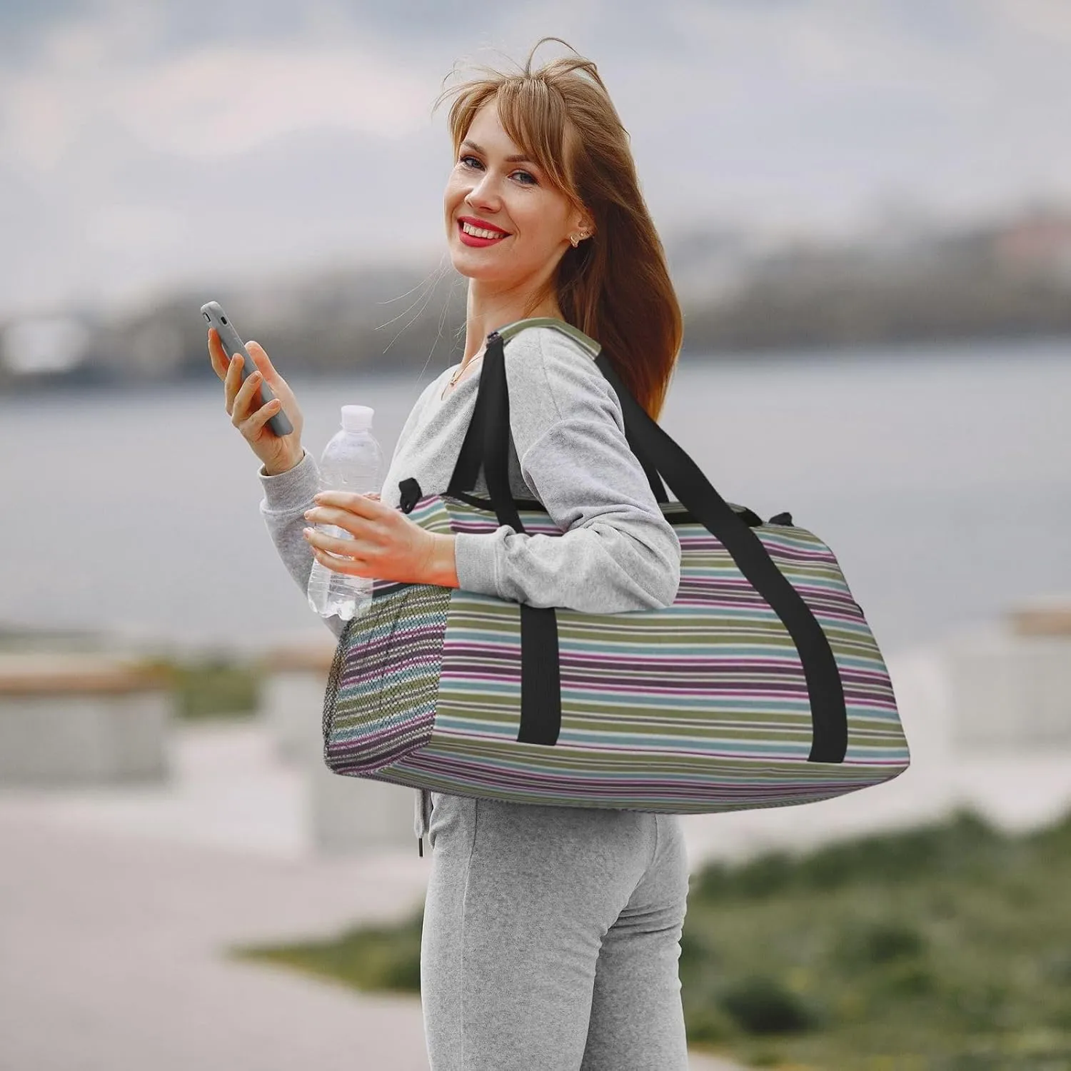 Gray Blue Stripes Travel Duffel Bag Large Foldable Waterproof Overnight Bag For Beach Swim Bags Pool Sports Gym