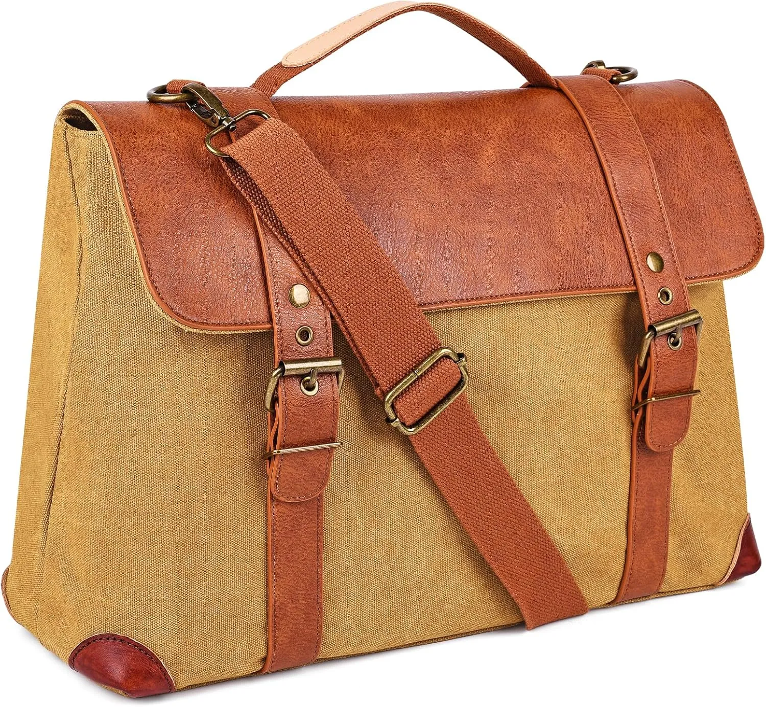 Green Messenger Shoulder Bag, Leather & Canvas Laptop Bag, Crossbody Briefcase, Computer Bags for Laptops