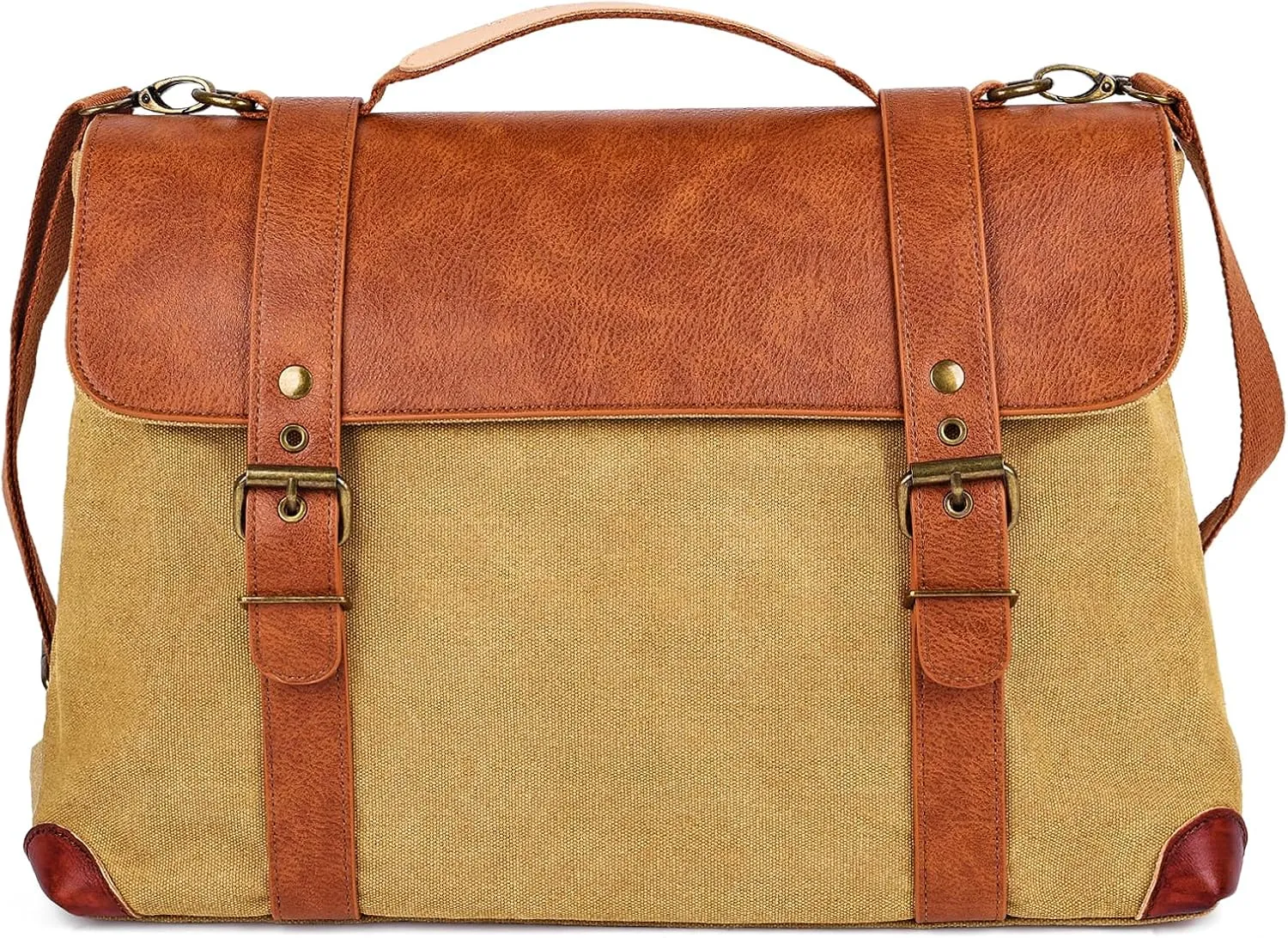 Green Messenger Shoulder Bag, Leather & Canvas Laptop Bag, Crossbody Briefcase, Computer Bags for Laptops