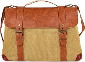 Green Messenger Shoulder Bag, Leather & Canvas Laptop Bag, Crossbody Briefcase, Computer Bags for Laptops