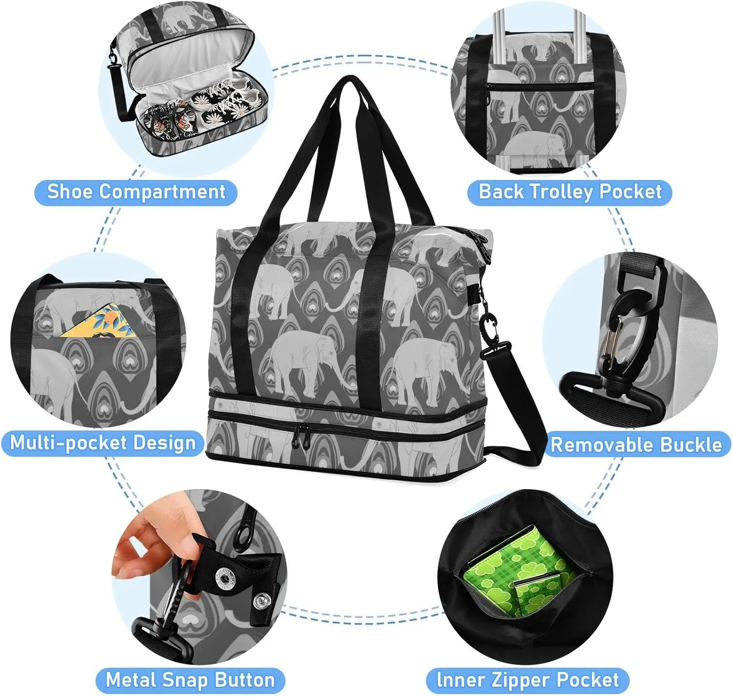Grey Monochrome Tribal Ethnic Indian Elephant Peacock Feather Gym Duffel Bag, Polyester Travel Weekender Luggage Handbag with Waterproof Pocket for Wet Items, Unisex Foldable Tote for Sports