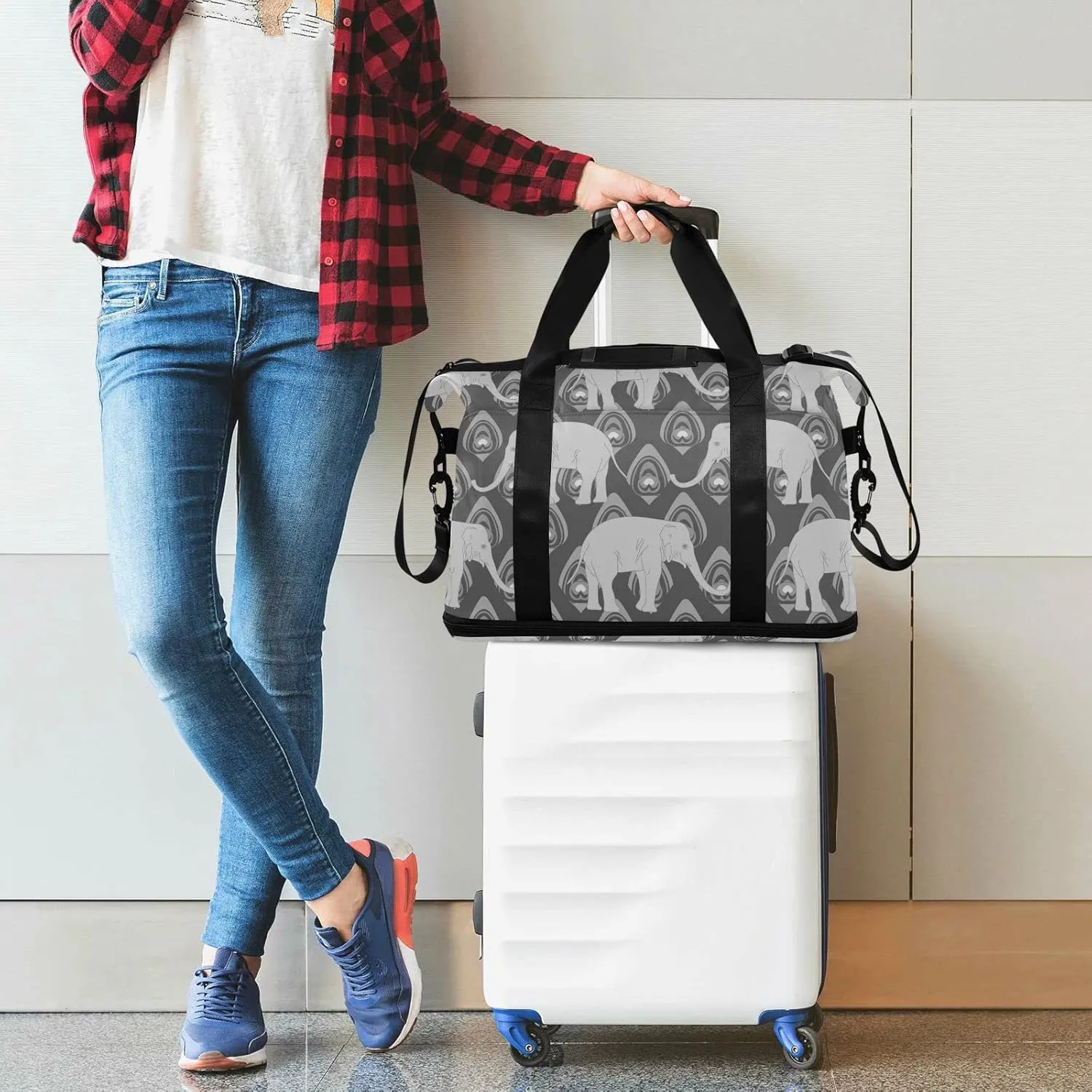 Grey Monochrome Tribal Ethnic Indian Elephant Peacock Feather Gym Duffel Bag, Polyester Travel Weekender Luggage Handbag with Waterproof Pocket for Wet Items, Unisex Foldable Tote for Sports