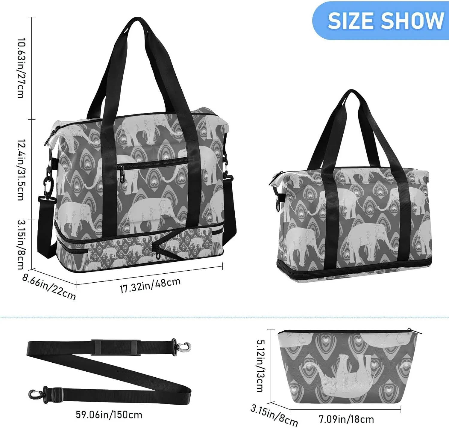 Grey Monochrome Tribal Ethnic Indian Elephant Peacock Feather Gym Duffel Bag, Polyester Travel Weekender Luggage Handbag with Waterproof Pocket for Wet Items, Unisex Foldable Tote for Sports