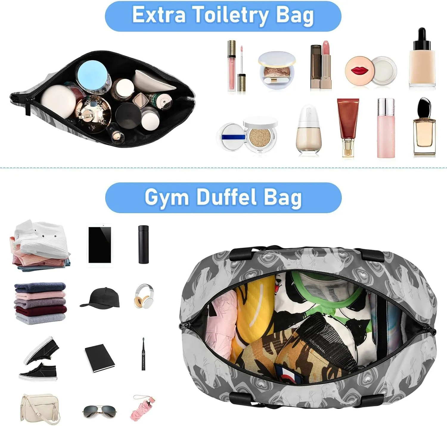 Grey Monochrome Tribal Ethnic Indian Elephant Peacock Feather Gym Duffel Bag, Polyester Travel Weekender Luggage Handbag with Waterproof Pocket for Wet Items, Unisex Foldable Tote for Sports