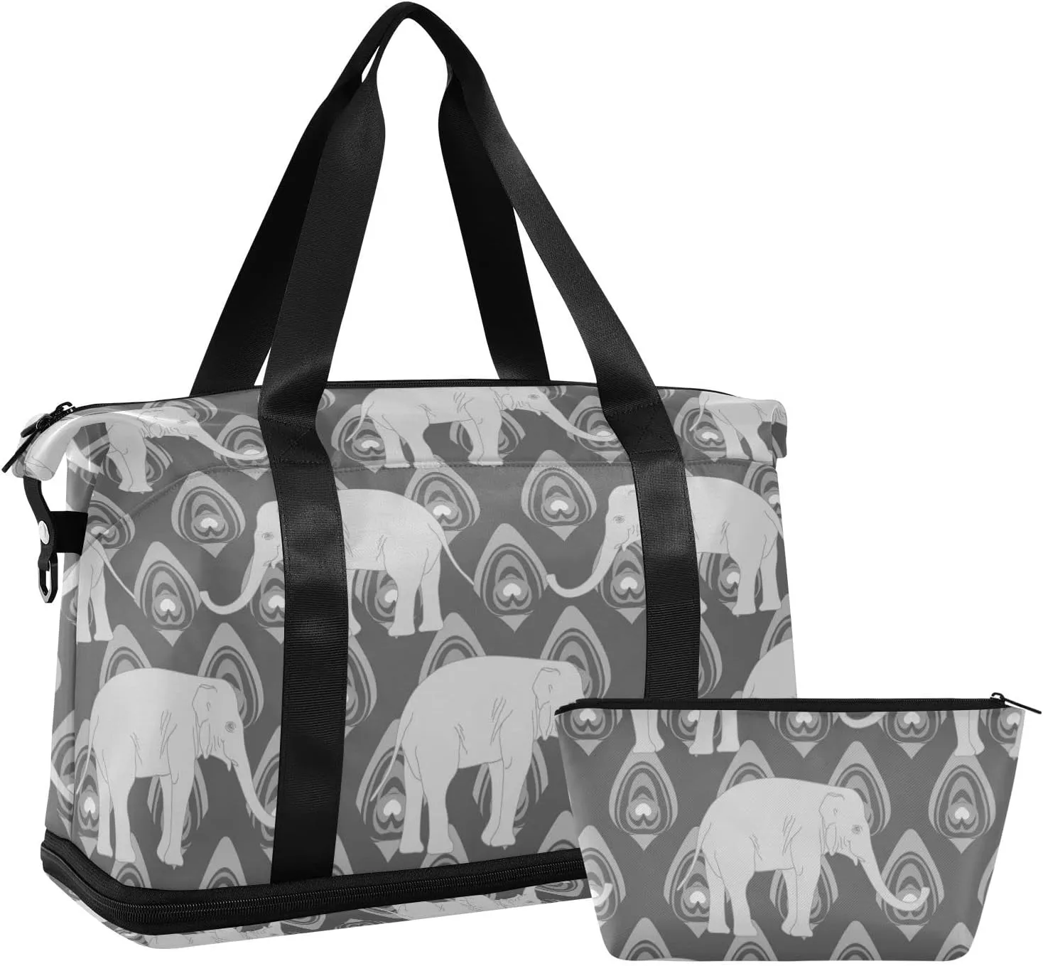 Grey Monochrome Tribal Ethnic Indian Elephant Peacock Feather Gym Duffel Bag, Polyester Travel Weekender Luggage Handbag with Waterproof Pocket for Wet Items, Unisex Foldable Tote for Sports