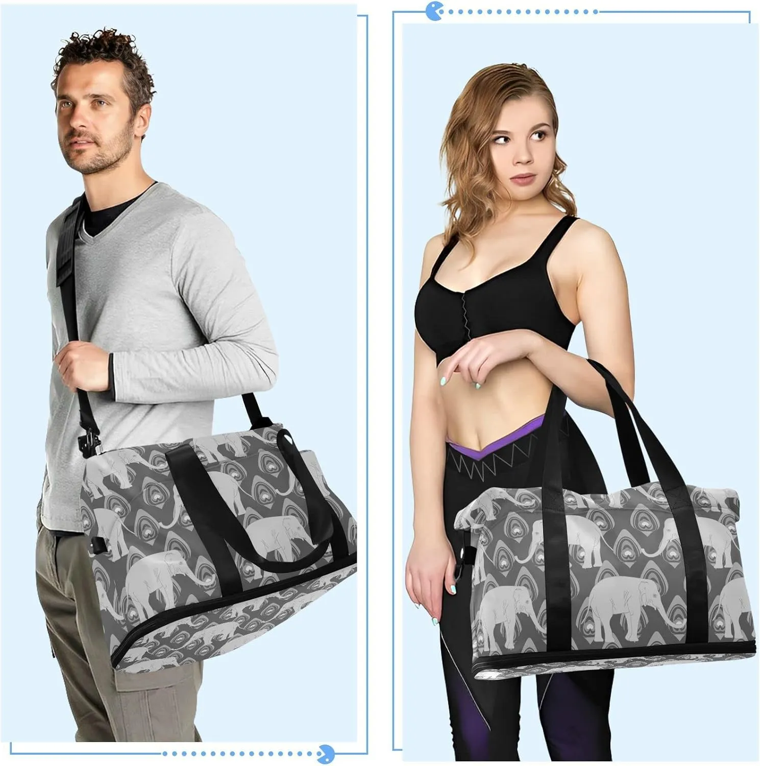 Grey Monochrome Tribal Ethnic Indian Elephant Peacock Feather Gym Duffel Bag, Polyester Travel Weekender Luggage Handbag with Waterproof Pocket for Wet Items, Unisex Foldable Tote for Sports