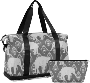 Grey Monochrome Tribal Ethnic Indian Elephant Peacock Feather Gym Duffel Bag, Polyester Travel Weekender Luggage Handbag with Waterproof Pocket for Wet Items, Unisex Foldable Tote for Sports