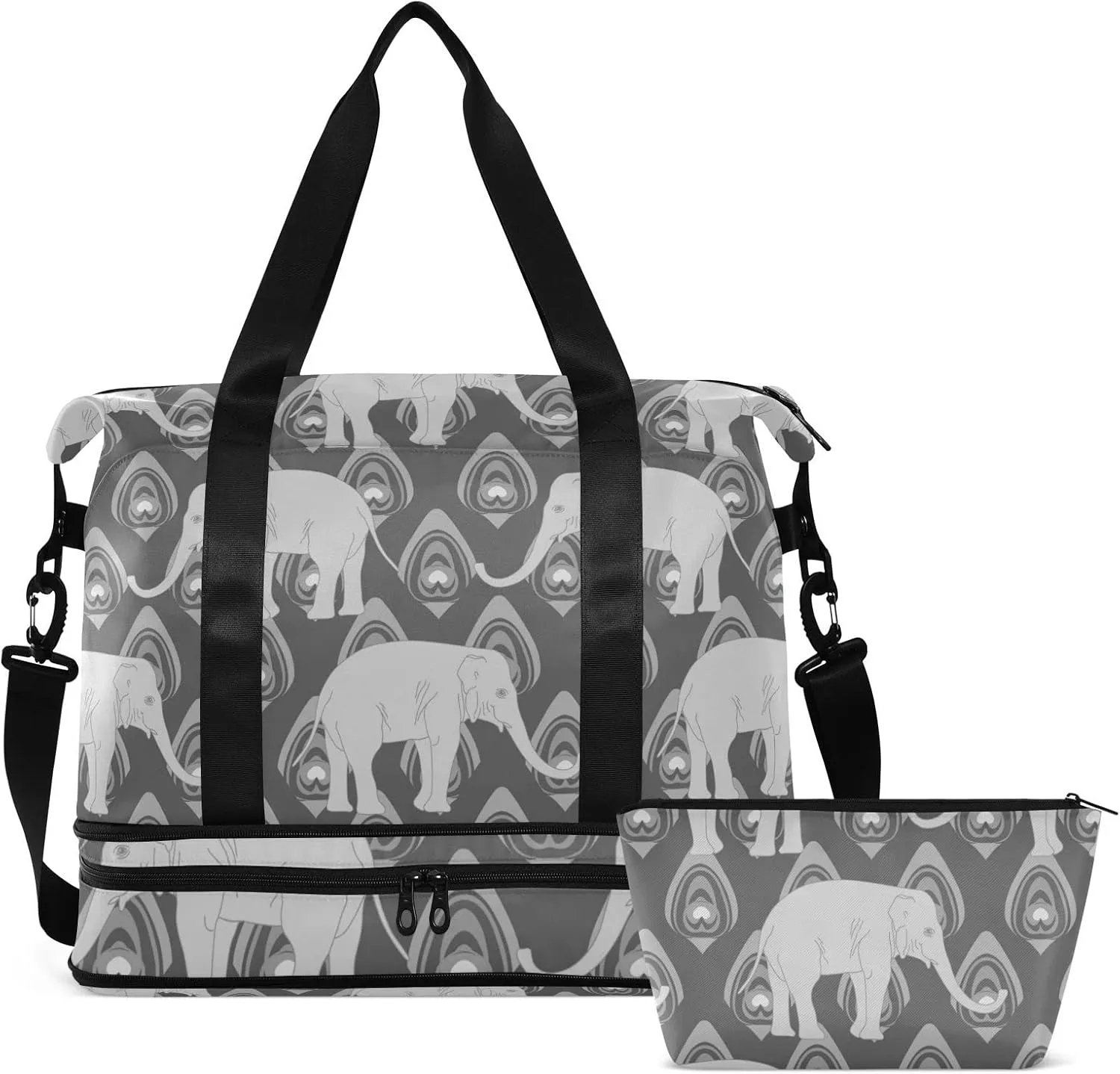 Grey Monochrome Tribal Ethnic Indian Elephant Peacock Feather Gym Duffel Bag, Polyester Travel Weekender Luggage Handbag with Waterproof Pocket for Wet Items, Unisex Foldable Tote for Sports
