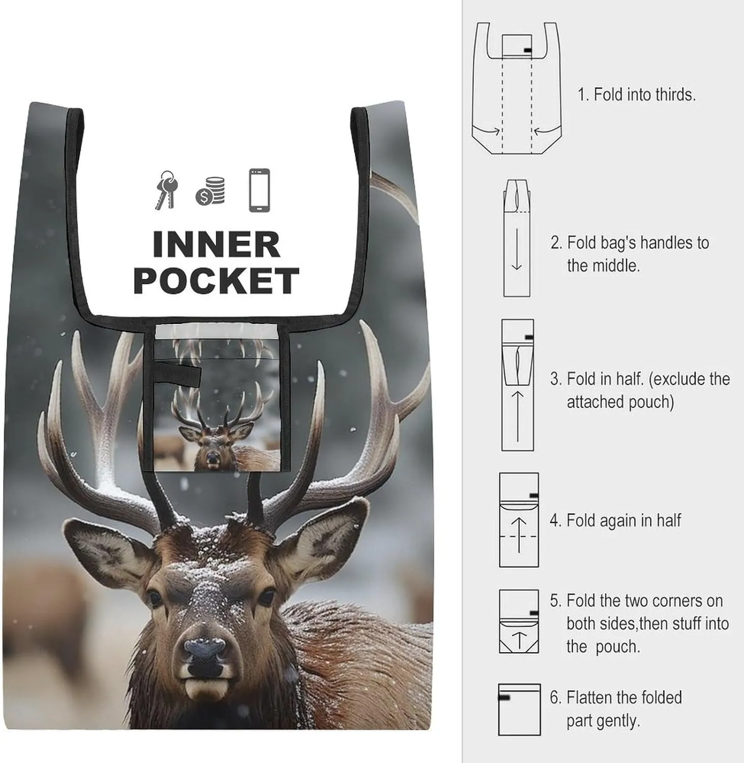 Grocery Bag Reusable Tote Bag Foldable Wild Elk Shopping Bag Handbag Washable Shoulder Bag for Travel