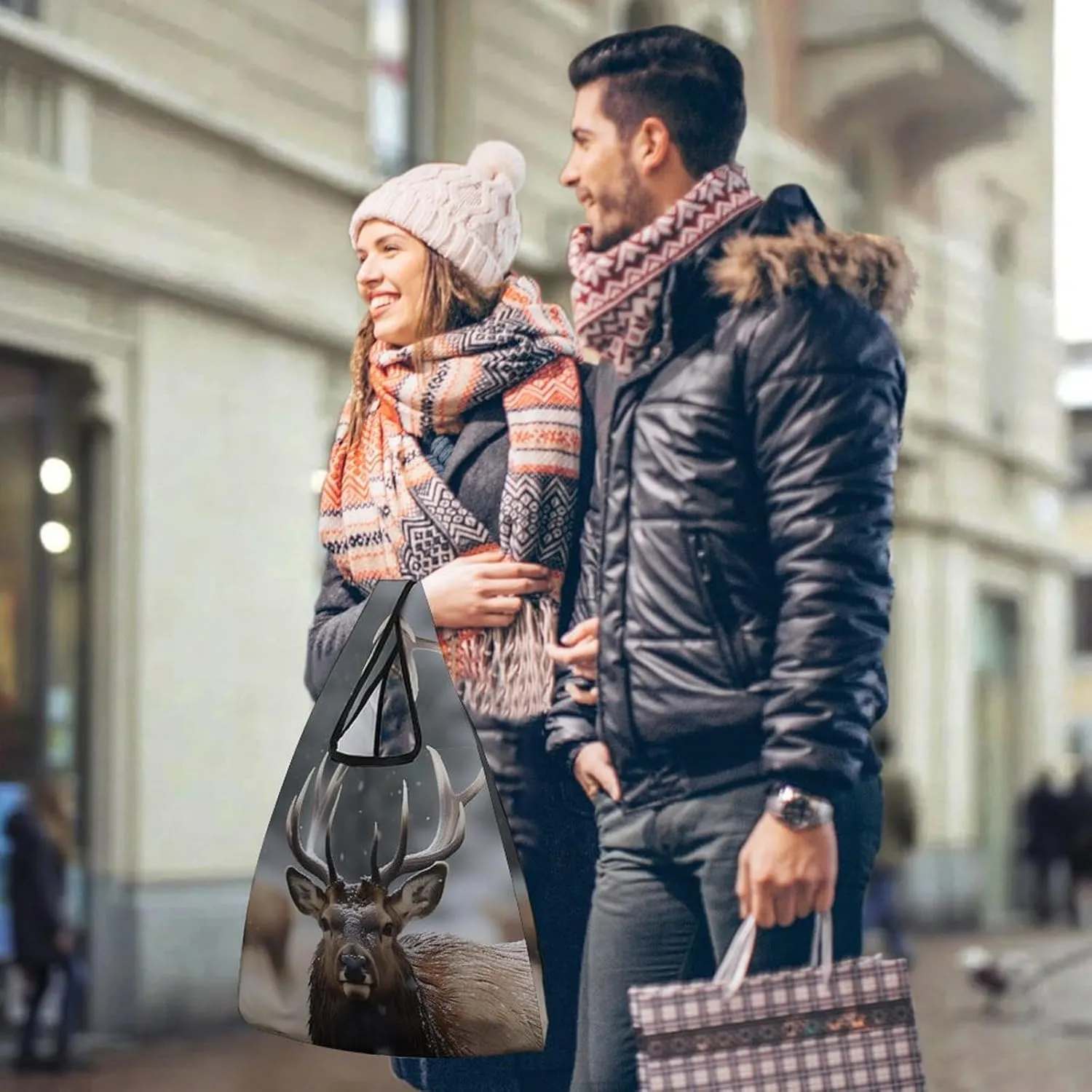 Grocery Bag Reusable Tote Bag Foldable Wild Elk Shopping Bag Handbag Washable Shoulder Bag for Travel