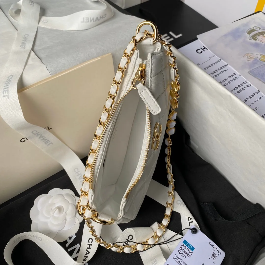 Group discount white CHANEL Highly praised hardware hobo bag 20cm lambskin gold 24p