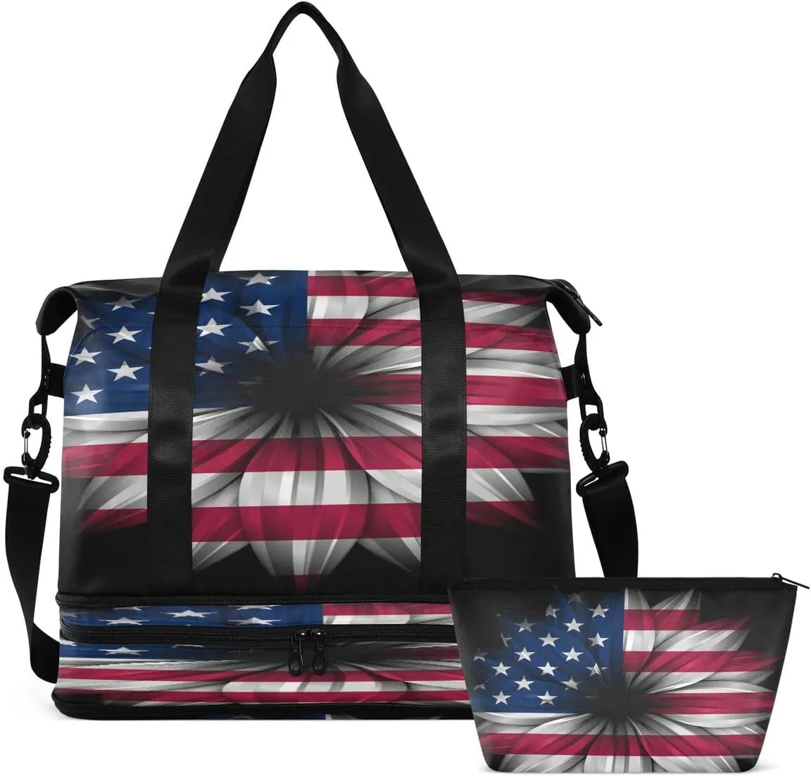 Gym Bag Sports Travel Duffel Bag Weekender Overnight Bag with Wet Pocket Shoes Compartment and Toiletry Bag Artistic American Flag Flower for Travel, Business,Gym, Yoga