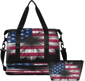 Gym Bag Sports Travel Duffel Bag Weekender Overnight Bag with Wet Pocket Shoes Compartment and Toiletry Bag Artistic American Flag Flower for Travel, Business,Gym, Yoga
