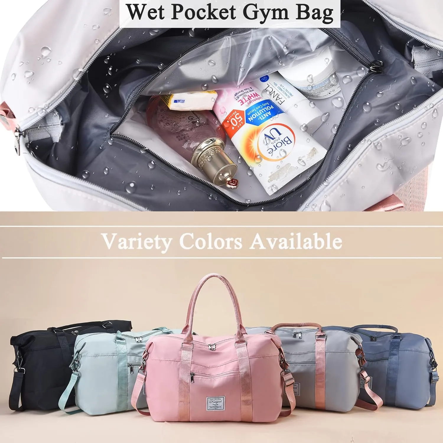 Gym Bag with Wet Pocket, Foldable Travel Duffle Bag Carry On Weekender Bags for Women, Waterproof Overnight Bag for Travel, Gym, Yoga
