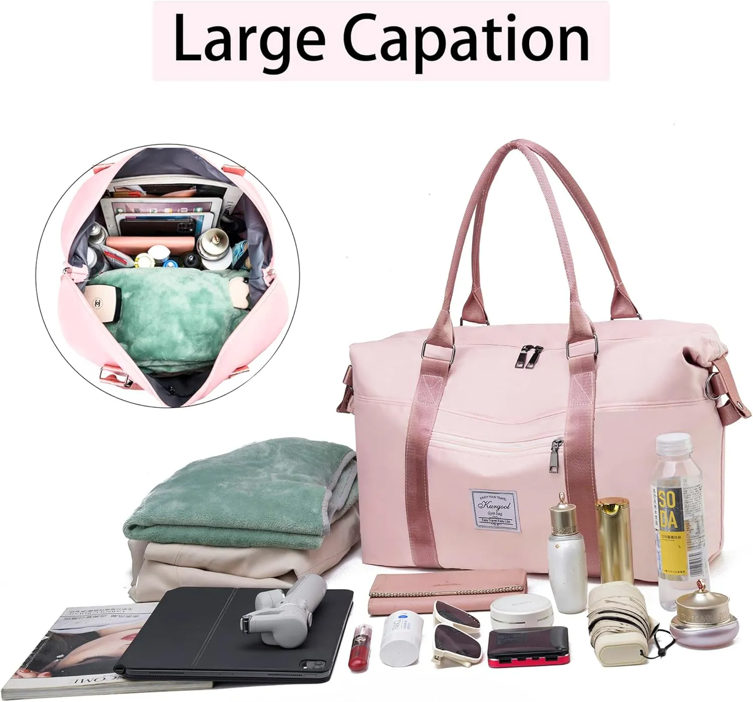 Gym Bag with Wet Pocket, Foldable Travel Duffle Bag Carry On Weekender Bags for Women, Waterproof Overnight Bag for Travel, Gym, Yoga