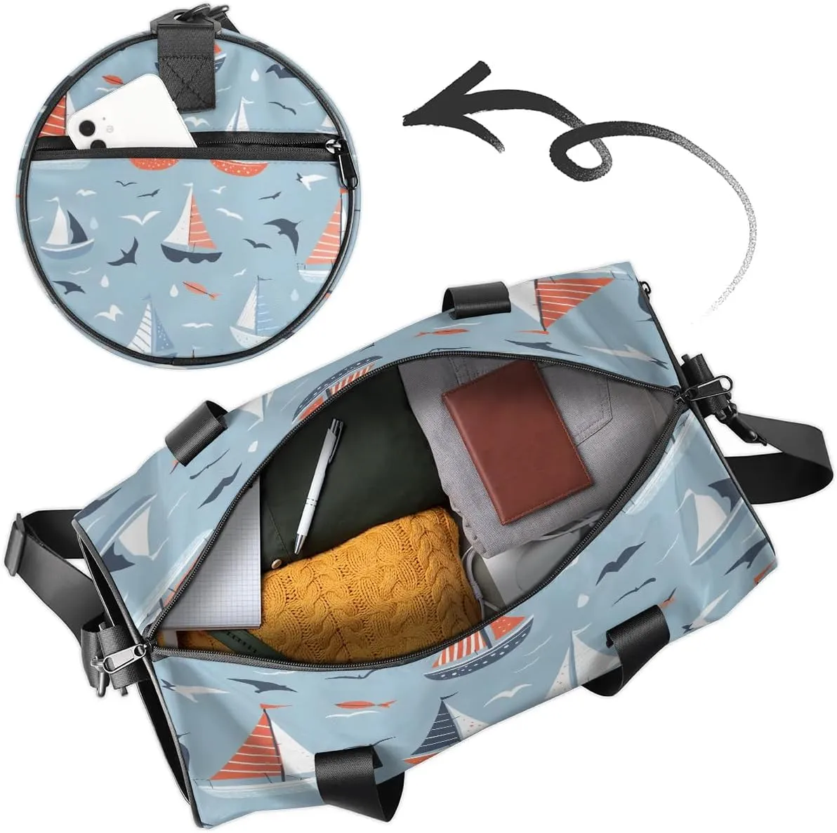 Gym Bags for Men Women Cartoon Ship Seagull Sports Duffel Bags Carry On Travel Duffle Bag with Detachable Adjustable Shoulder Strap Overnight Weekender Bag