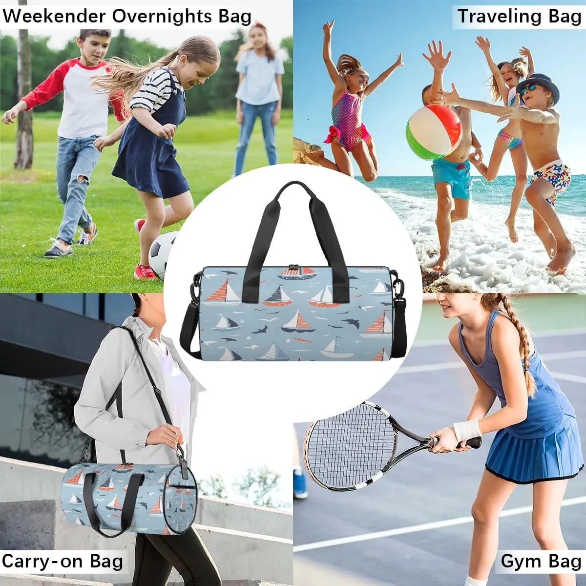 Gym Bags for Men Women Cartoon Ship Seagull Sports Duffel Bags Carry On Travel Duffle Bag with Detachable Adjustable Shoulder Strap Overnight Weekender Bag