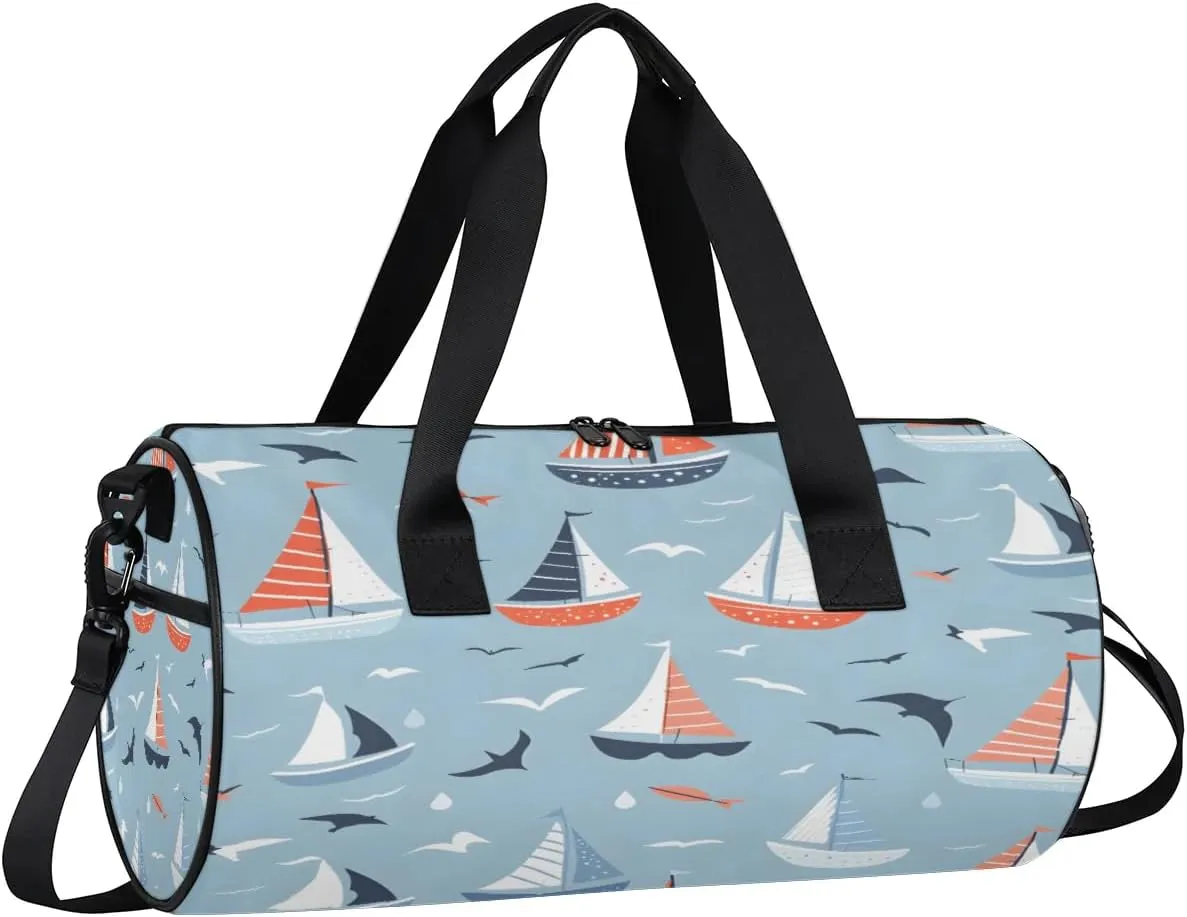 Gym Bags for Men Women Cartoon Ship Seagull Sports Duffel Bags Carry On Travel Duffle Bag with Detachable Adjustable Shoulder Strap Overnight Weekender Bag