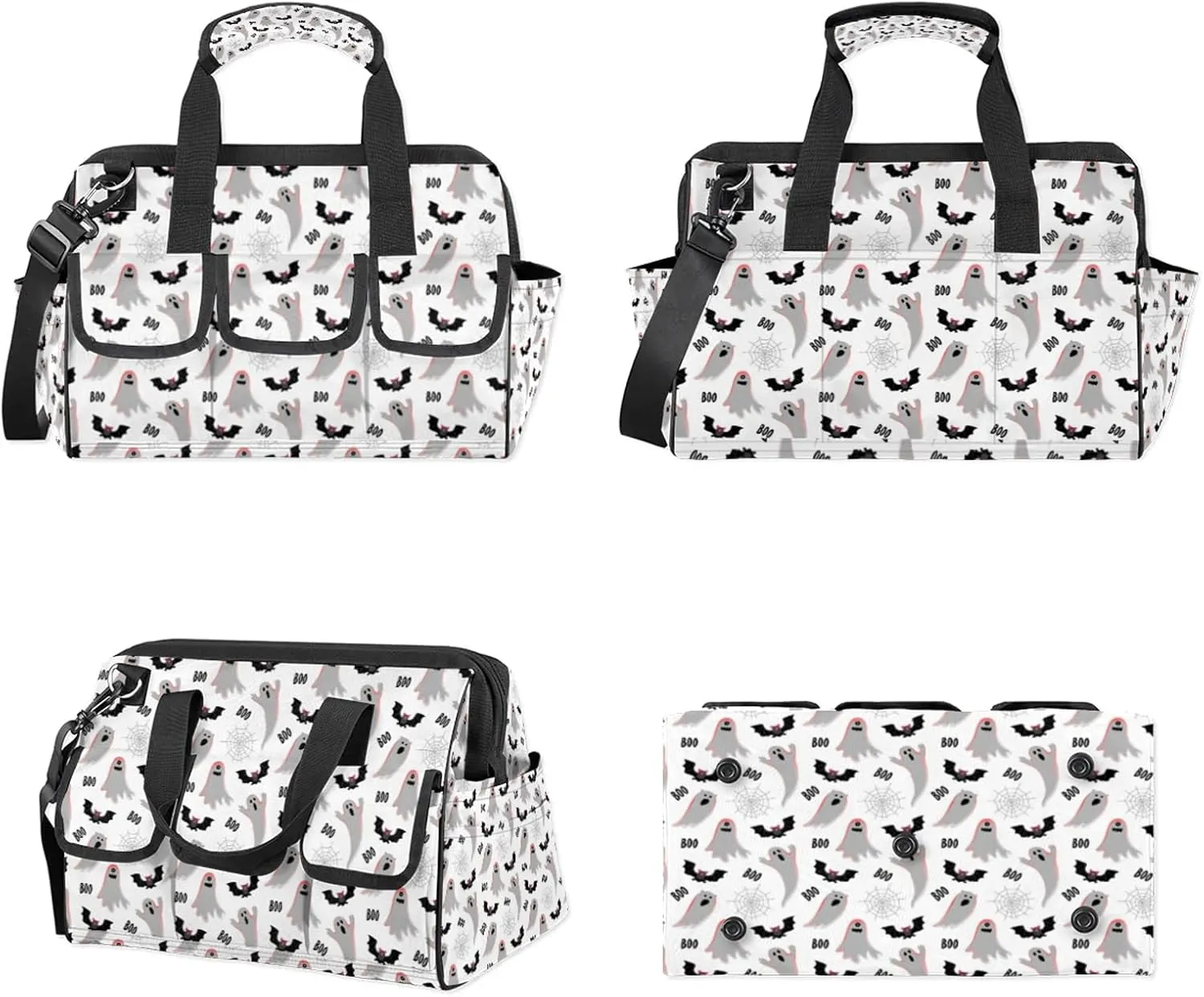 Halloween Ghost Bat Tool Bags for Men and Women 14.8 Inch Soft Heavy Duty Waterproof Tool Box Organizer Bag with Adjustable Shoulder Strap