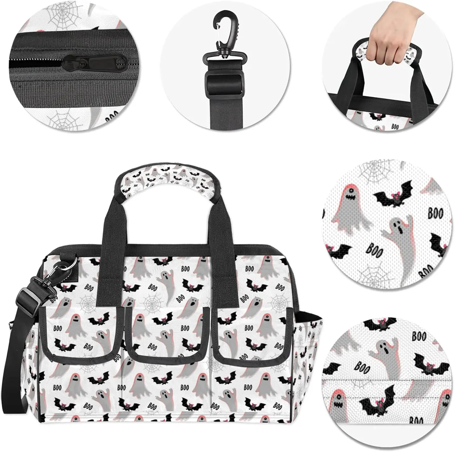 Halloween Ghost Bat Tool Bags for Men and Women 14.8 Inch Soft Heavy Duty Waterproof Tool Box Organizer Bag with Adjustable Shoulder Strap