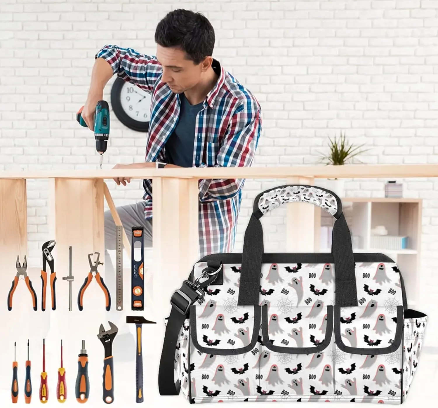 Halloween Ghost Bat Tool Bags for Men and Women 14.8 Inch Soft Heavy Duty Waterproof Tool Box Organizer Bag with Adjustable Shoulder Strap