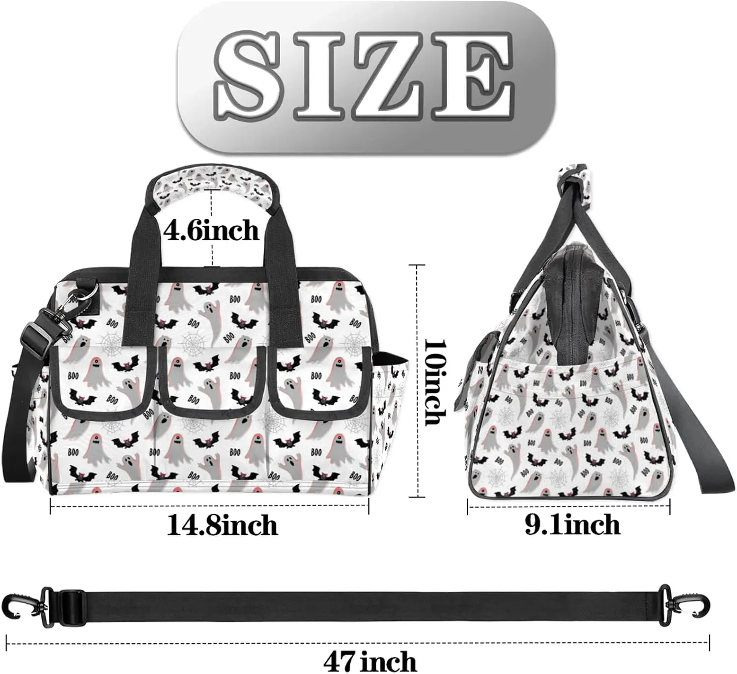Halloween Ghost Bat Tool Bags for Men and Women 14.8 Inch Soft Heavy Duty Waterproof Tool Box Organizer Bag with Adjustable Shoulder Strap