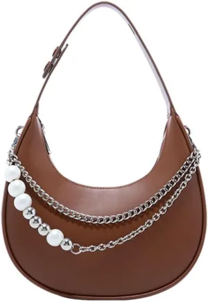 Handbags Designer Original Women's Shoulder Messenger Bag with 3D Metal Pearl Chain - Chic Underarm Handbag(Brown)