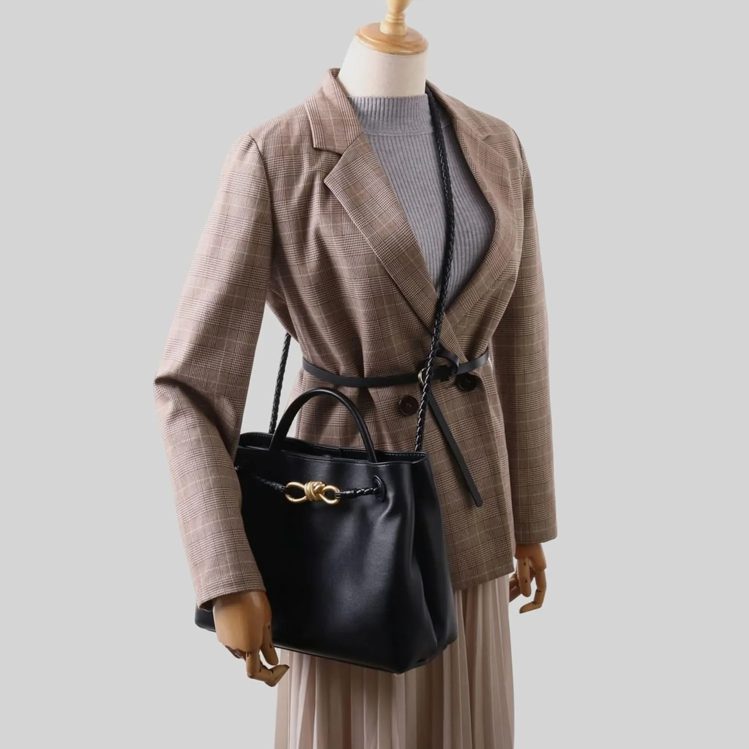 Handcrafted Leather Handbag For Women with Metal Bow Rope Buckle, Large Capacity Messenger Bag
