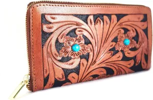 Handmade Leather Clutch Purse for Women with Zipper and Mini Cash Wallet Stylish Clutch Bag with Semi Precious Stone Detailing