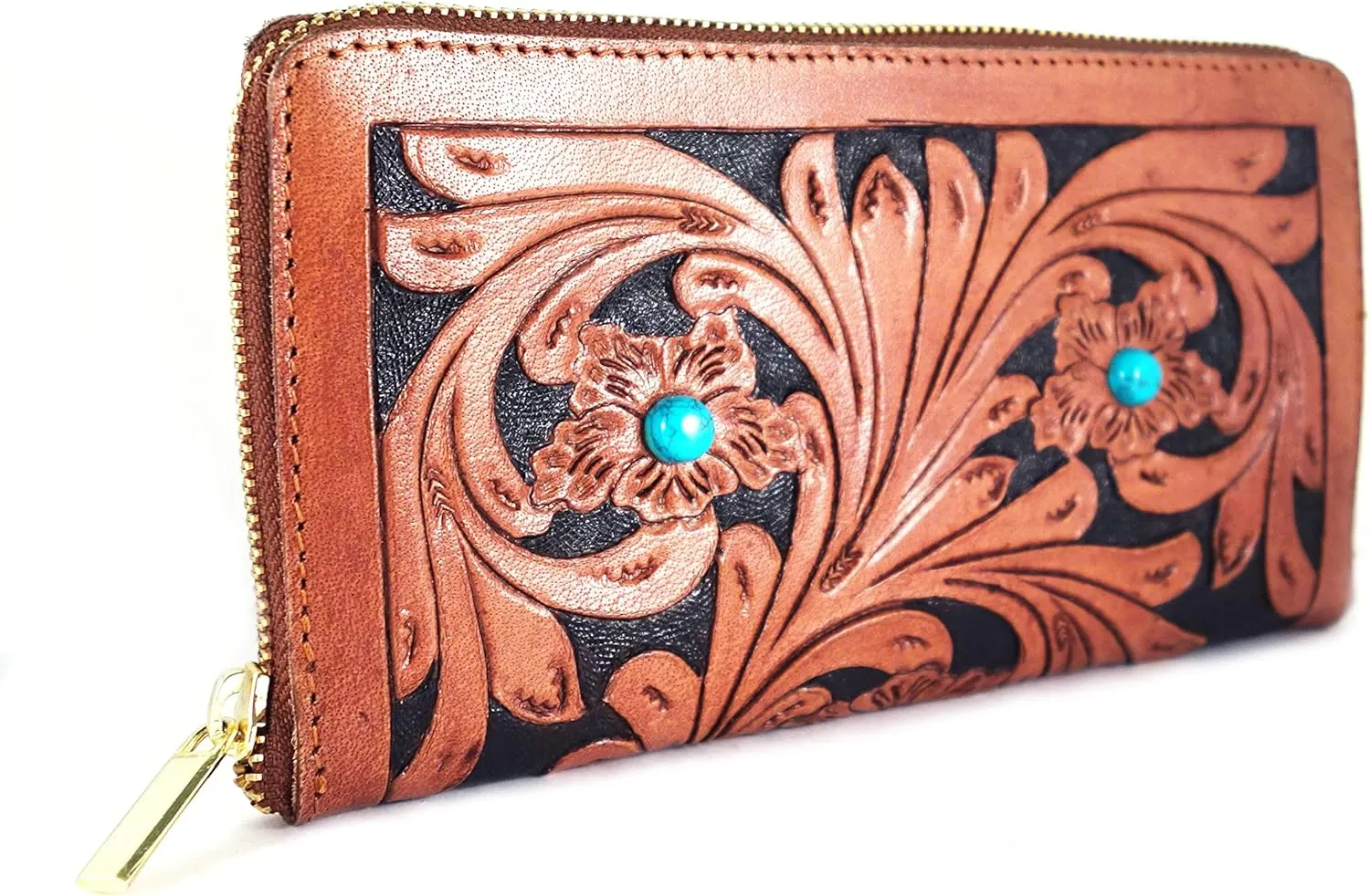 Handmade Leather Clutch Purse for Women with Zipper and Mini Cash Wallet Stylish Clutch Bag with Semi Precious Stone Detailing