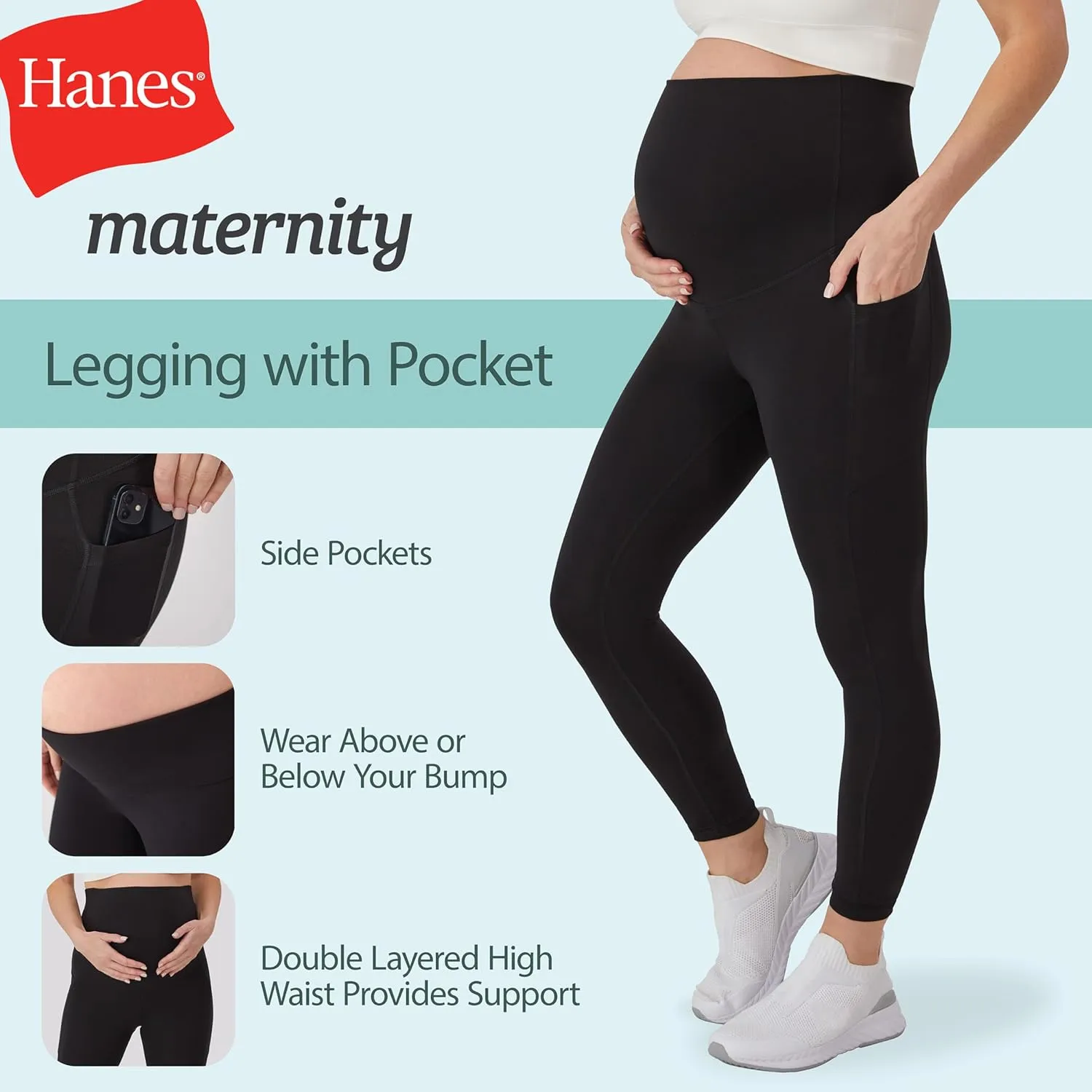 Hanes Women's Maternity 7/8, Stretch & Recover Pregnancy Leggings with Foldable Waistband, 25” Inseam