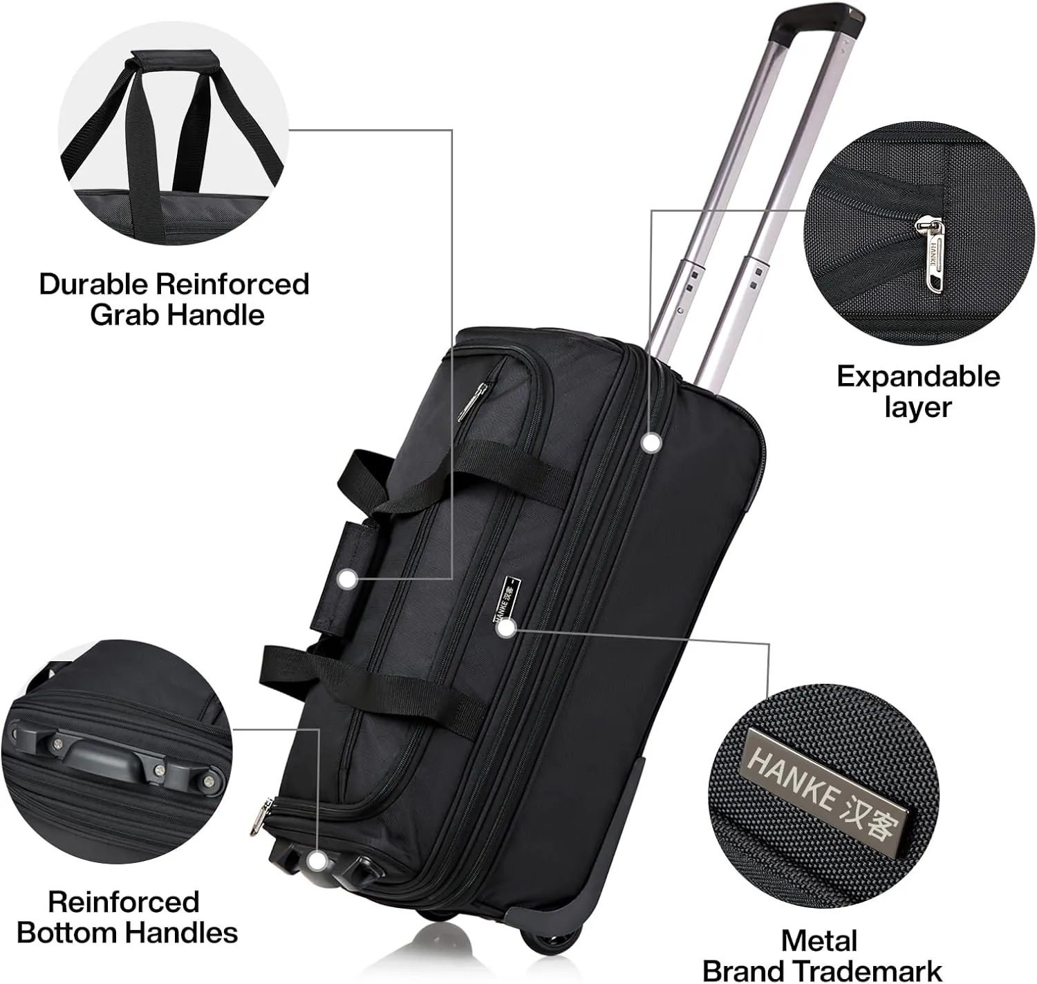 Hanke 20 Inch Expandable Carry On Luggage Suitcases with Wheels Foldable Duffle Bag for Travel Carry On suitcase Weekend Bag for Women Men（Black）