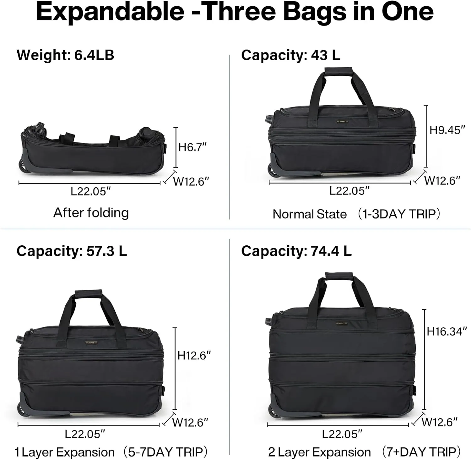 Hanke 20 Inch Expandable Carry On Luggage Suitcases with Wheels Foldable Duffle Bag for Travel Carry On suitcase Weekend Bag for Women Men（Black）