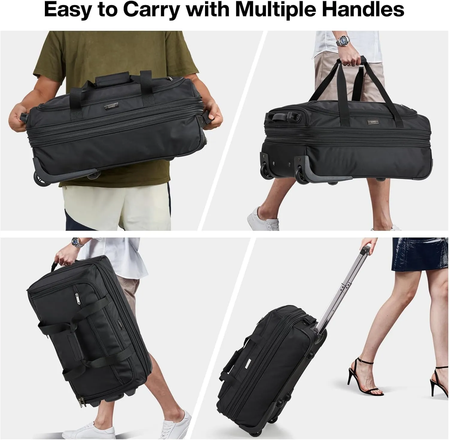 Hanke 20 Inch Expandable Carry On Luggage Suitcases with Wheels Foldable Duffle Bag for Travel Carry On suitcase Weekend Bag for Women Men（Black）