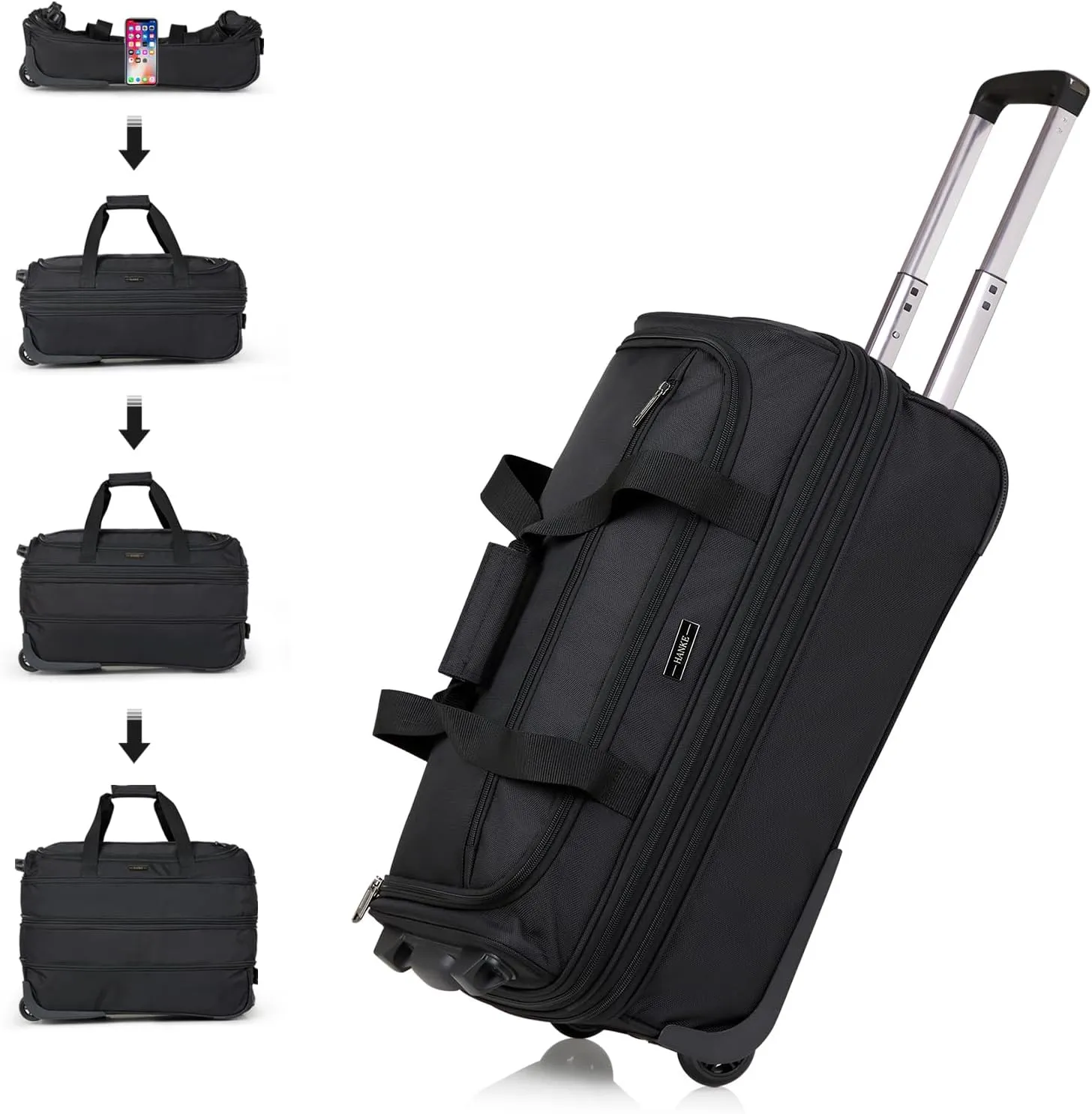Hanke 20 Inch Expandable Carry On Luggage Suitcases with Wheels Foldable Duffle Bag for Travel Carry On suitcase Weekend Bag for Women Men（Black）