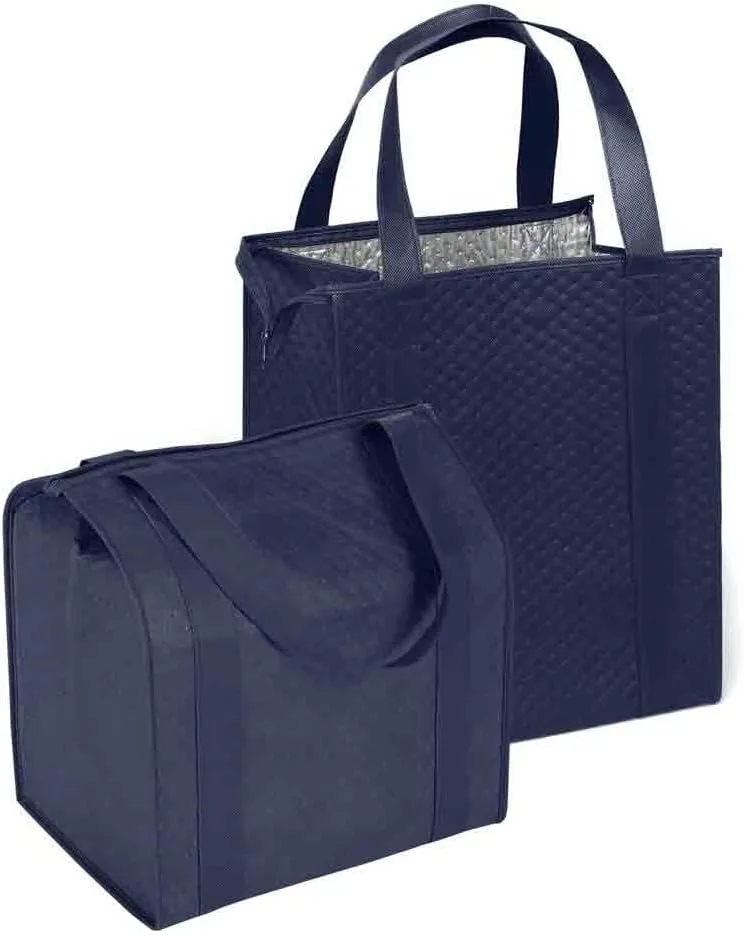 Hannah Large Capacity Heavy Duty Insulated Smart Shopping Bag - Strong Reusable Grocery Tote (2 Pack, Navy)