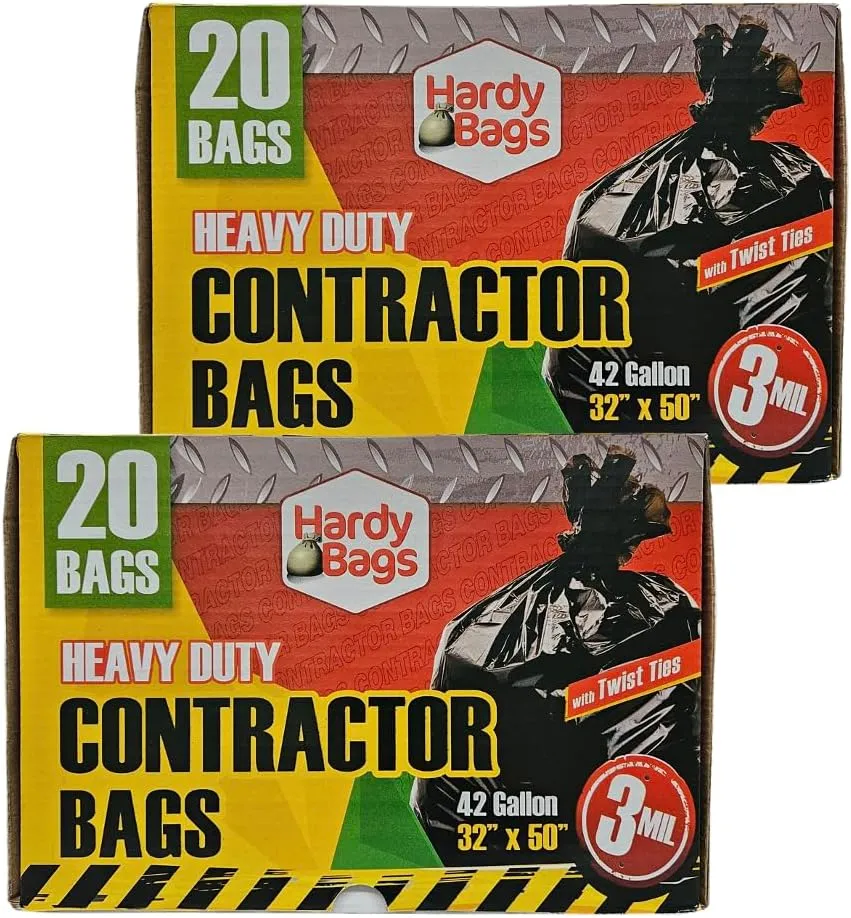Hardy Bags Contractor Trash Bags – 42 Gallon Heavy-Duty, 3 Mil Thick, 20 Count Box, Extra Strong Construction, Tear & Puncture Resistant (Contractor, Pack of 2)