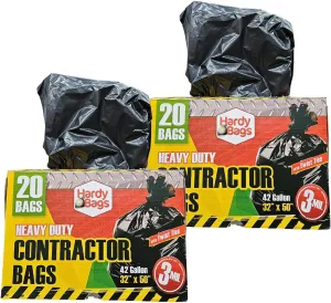 Hardy Bags Contractor Trash Bags – 42 Gallon Heavy-Duty, 3 Mil Thick, 20 Count Box, Extra Strong Construction, Tear & Puncture Resistant (Contractor, Pack of 2)