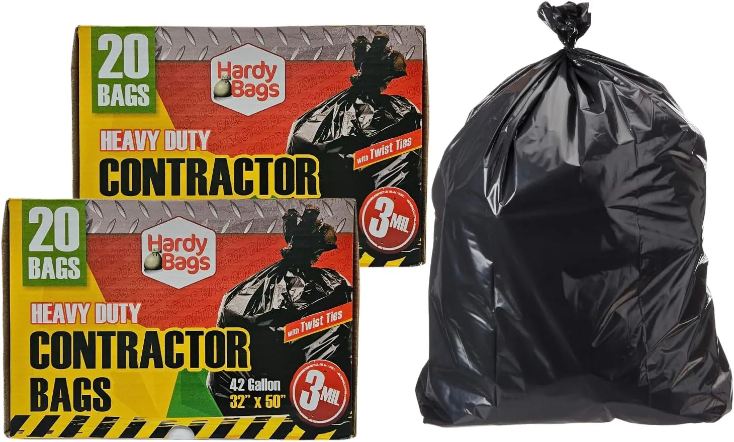 Hardy Bags Contractor Trash Bags – 42 Gallon Heavy-Duty, 3 Mil Thick, 20 Count Box, Extra Strong Construction, Tear & Puncture Resistant (Contractor, Pack of 2)